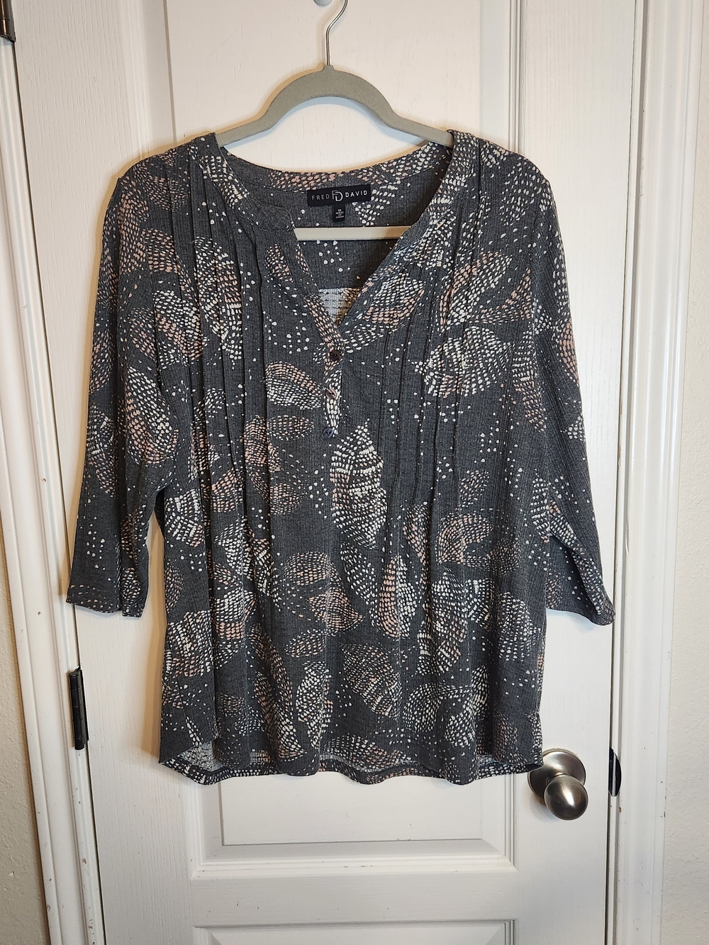 Fred David Dark Gray Printed V-Neck Pintuck Tunic with Light Pink Accents